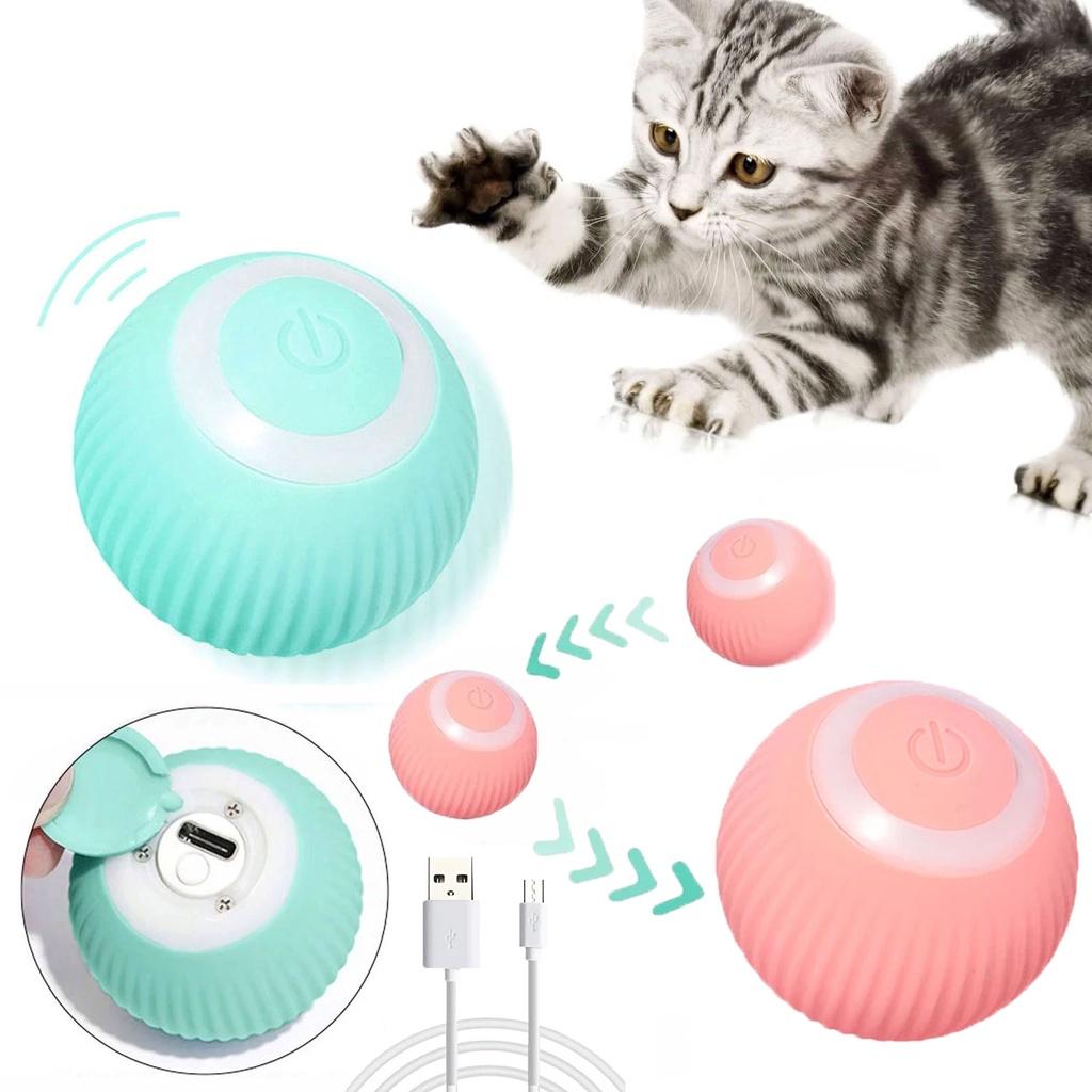 Interactive cat toy ball USB rechargeable - blue and pink colors with charging cable