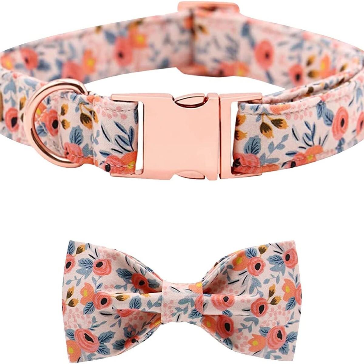 Floral dog collar with detachable bow - pink floral pattern with rose gold buckle
