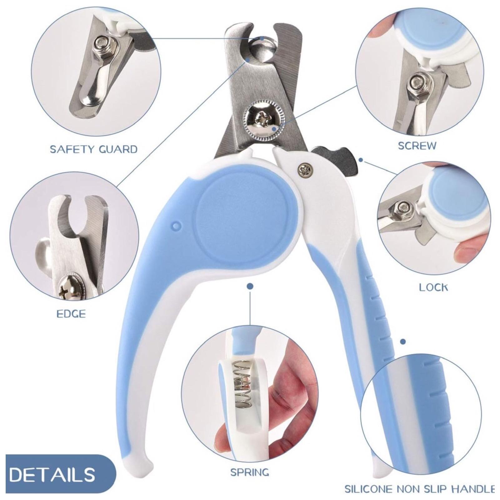 Pet Nail Clipper details - safety guard, spring, silicone non-slip handle
