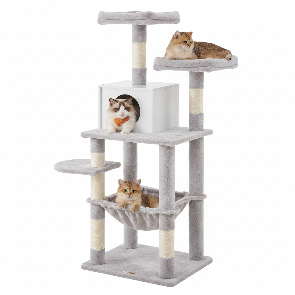 Cat Tree 33 inch light gray - multi-level with condo, hammock and scratching posts